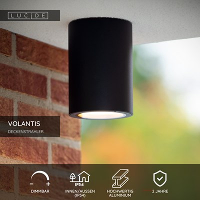 Lucide VOLANTIS - Deckenstrahler Innen/Außen - Ø 10,8 cm - 1xE27 - IP54 - Schwarz